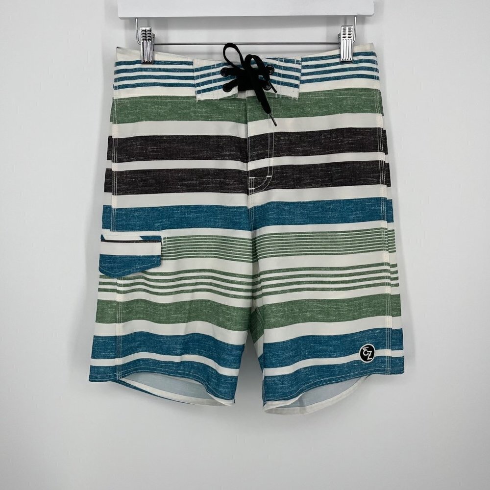 Ezekiel Mens Board Shorts Swim Trunks Size 28 Pocket Striped Blue Green White